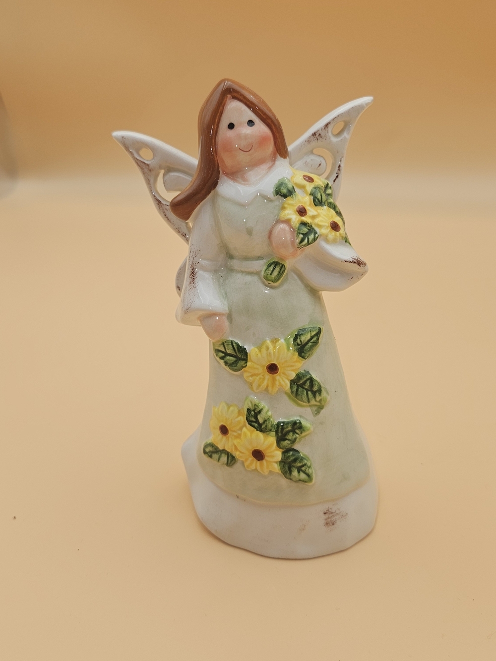 Ceramic Sunflower Angel Figurine - Green and Yellow